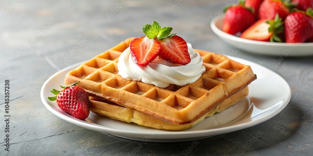 Close up shot of delicious waffles with whipped cream and strawberries on top Close up shot of delicious waffles with whipped cream and strawberries on top