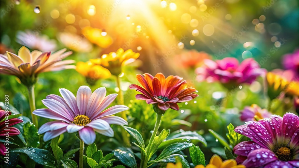 Obraz premium Close up shot of flowers with water droplets on petals in a garden with sunlight, tilted angle