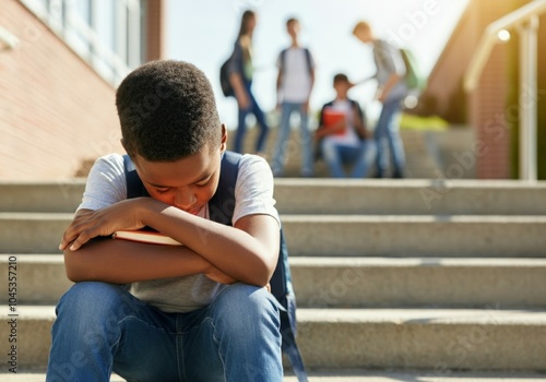 Sad schoolboy is sitting alone on school stairs while other students are talking in the background