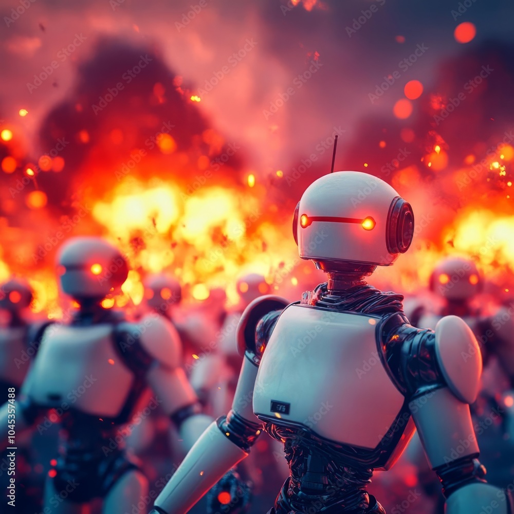 Robot warriors charging into battle on an alien world, fiery explosions lighting the horizon Robot warriors charging into battle on an alien world, fiery explosions lighting the horizon