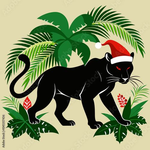 A stealthy silhouette of a panther prowling through the jungle, a Santa hat