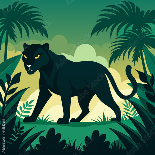 A stealthy silhouette of a panther prowling through the jungle