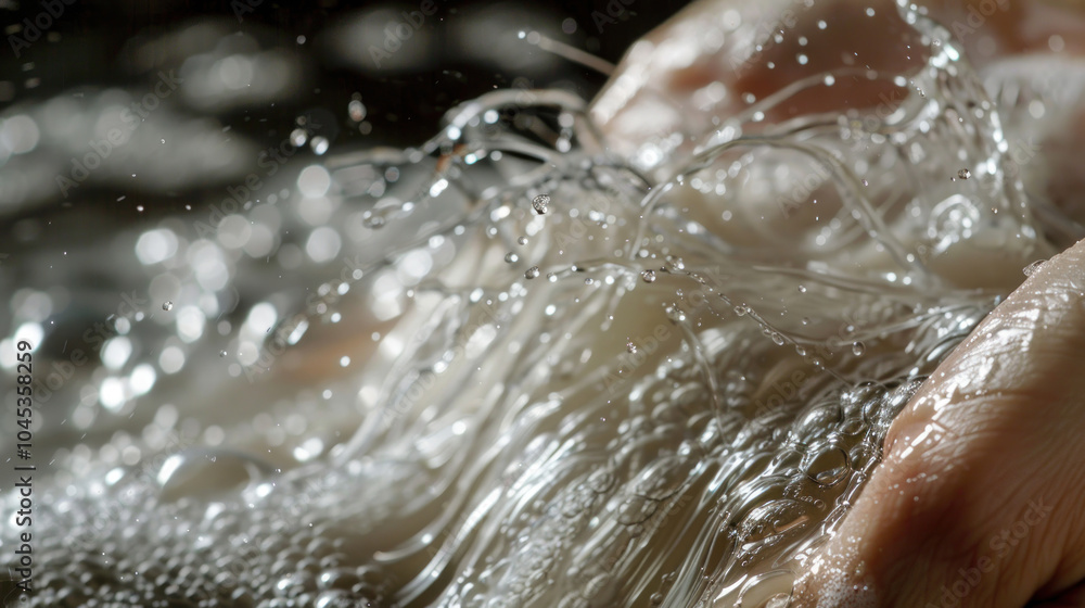 Fototapeta premium Conditioner foam being rinsed off, with soft, glistening strands reflecting the effectiveness of the product