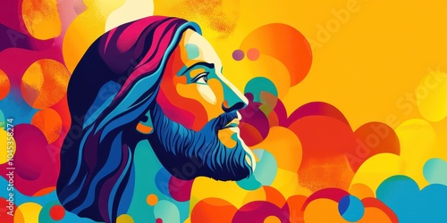 A colorful painting of Jesus with a beard and a blue head