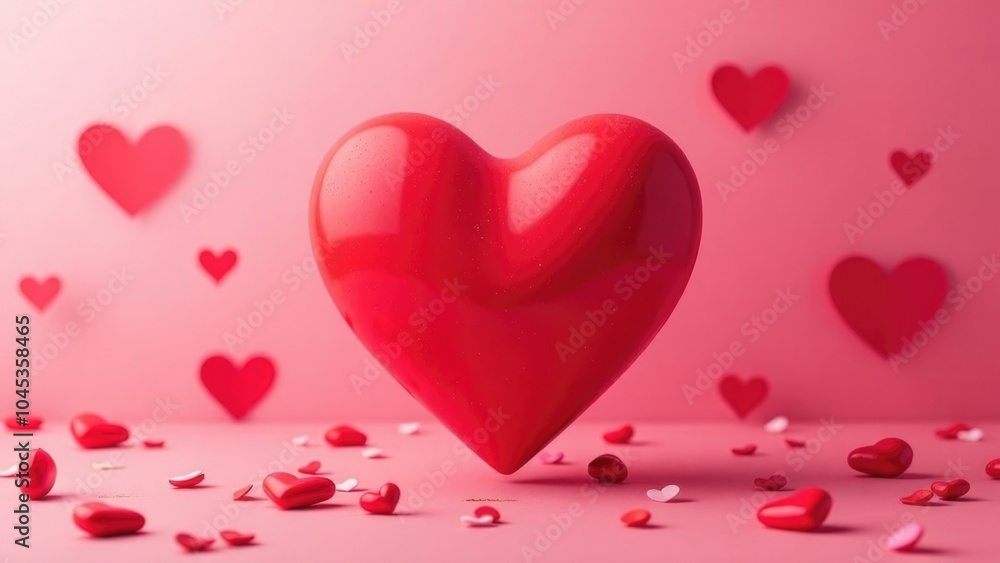 A large red heart shape on a pink background with smaller red hearts scattered around it. Concept of love, romance and Valentine's Day. A large red heart shape on a pink background with smaller red hearts scattered around it. Concept of love, romance and Valentine's Day.