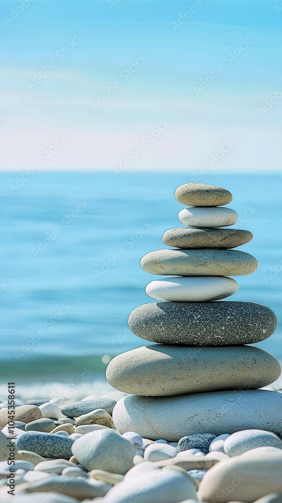 Stacked Smooth Stones on Tranquil Beach Stacked Smooth Stones on Tranquil Beach