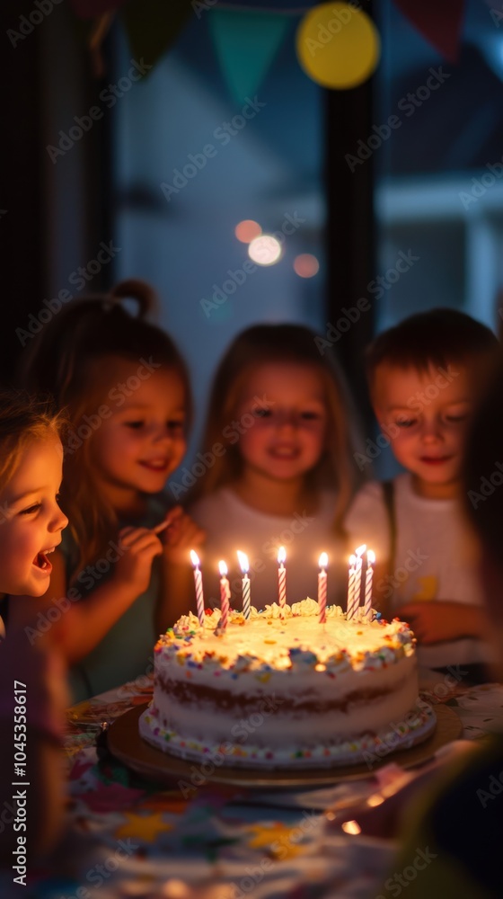 Excited children celebrating birthday party blowing out candles on cake