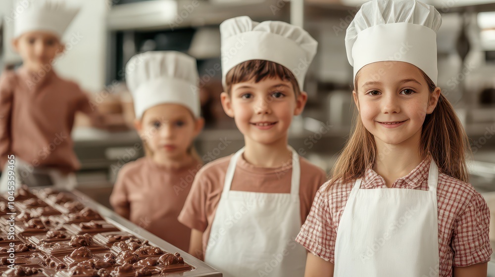 Young bakers in kitchen smiling while preparing delicious chocolate treats, showcasing creativity and joy of cooking. Young bakers in kitchen smiling while preparing delicious chocolate treats, showcasing creativity and joy of cooking.