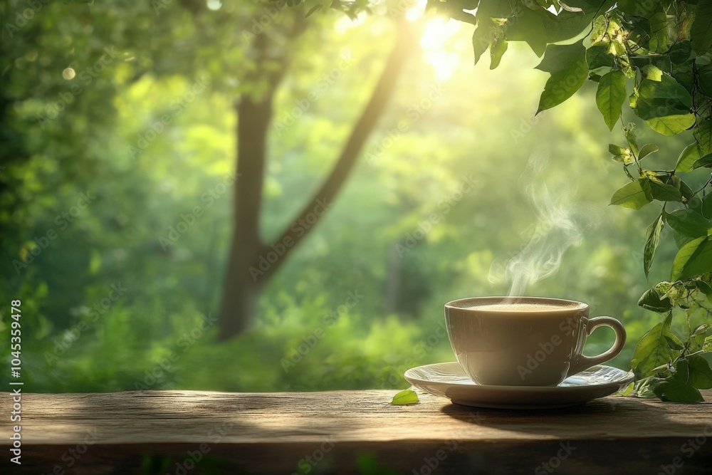 Steaming cup of coffee sits on a wooden table in the early morning sunlight, with a lush green forest in the background Steaming cup of coffee sits on a wooden table in the early morning sunlight, with a lush green forest in the background
