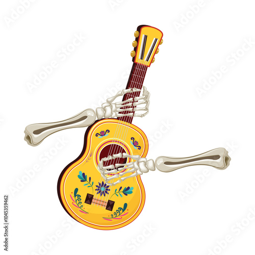 Dia de los Muertos guitar held by skeleton hands, symbolizing Mexican culture and music.