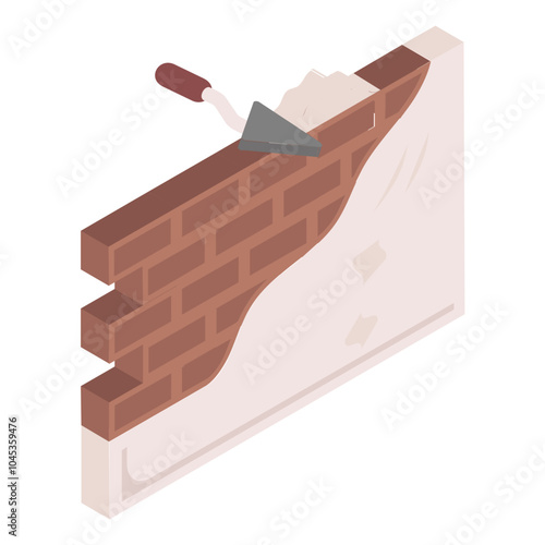 cement plastering the wall isometric concept, pargeting or ard wall plaster vector color icon design, repair maintenance services symbol, Home remodeling sign Building construction stock illustration