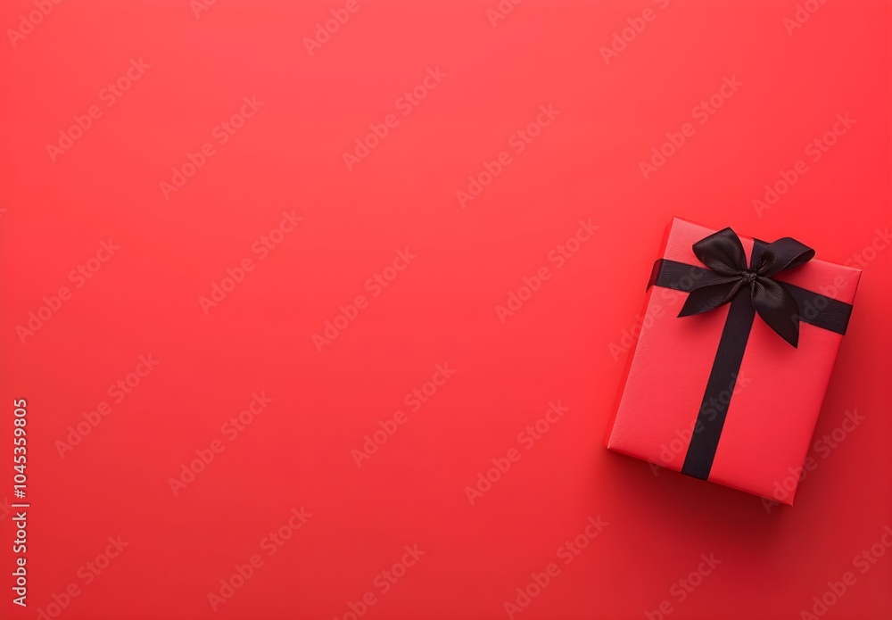 Red gift box with red ribbon and confetti on red background. Flat lay style. Celebration or holiday concept. Banner and invitation with copy space. Red gift box with red ribbon and confetti on red background. Flat lay style. Celebration or holiday concept. Banner and invitation with copy space.