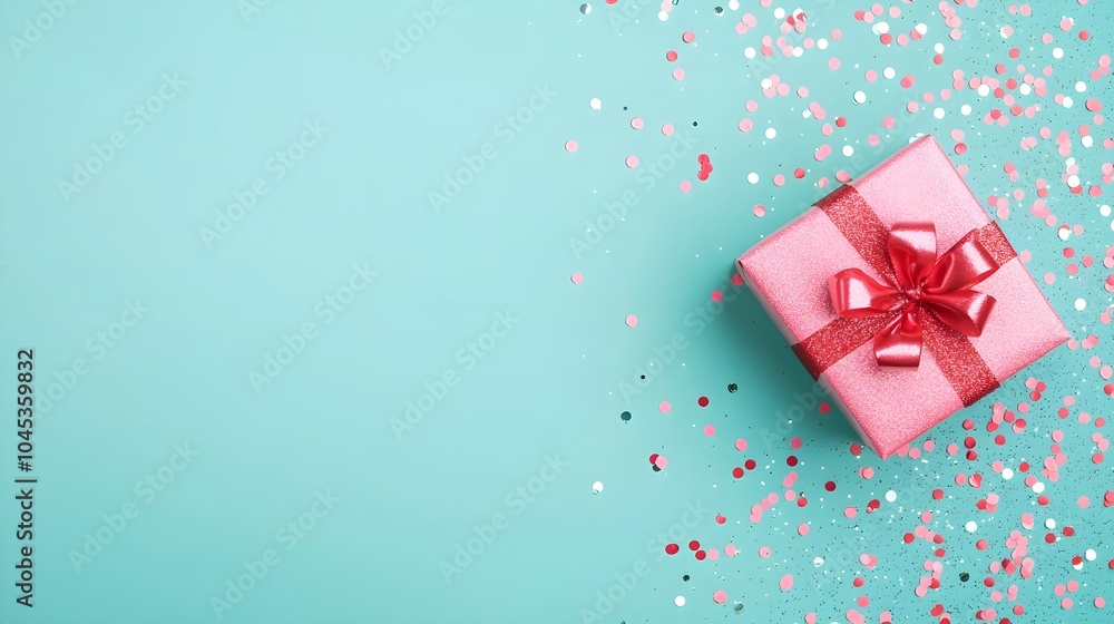 Pink gift box with red ribbon and confetti on turquoise background. Flat lay style. Celebration or holiday concept. Banner and invitation with copy space. Pink gift box with red ribbon and confetti on turquoise background. Flat lay style. Celebration or holiday concept. Banner and invitation with copy space.
