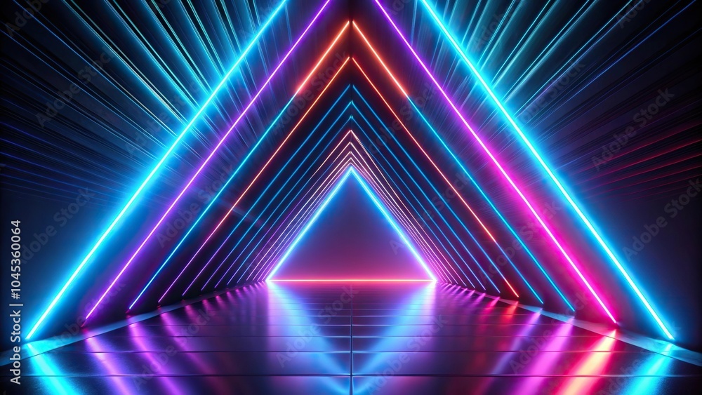 Naklejka premium Close-Up Abstract neon lights create a dynamic pattern with triangular shapes in a dark background