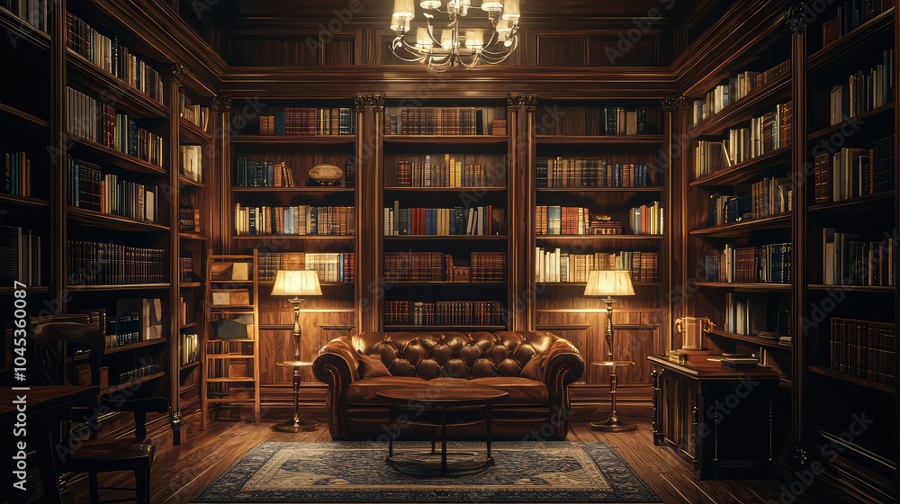 Elegant Library with Dark Wooden Shelves and Cozy Atmosphere Elegant Library with Dark Wooden Shelves and Cozy Atmosphere