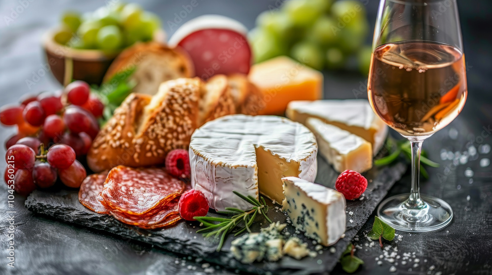 Elegant cheese and salami slate board with a glass of wine Elegant cheese and salami slate board with a glass of wine