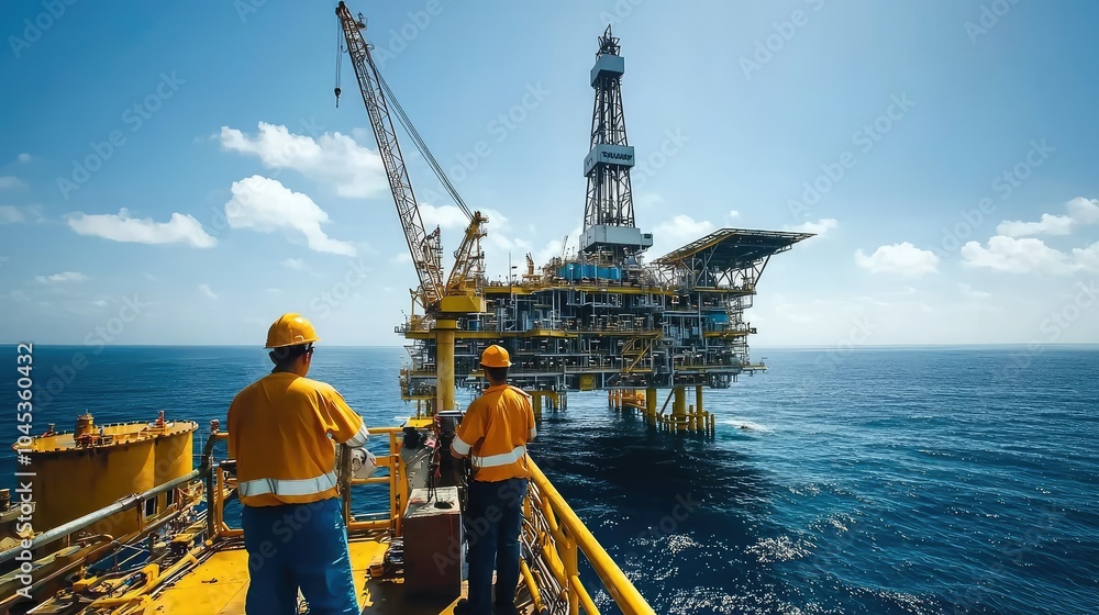 Workers on an Oil Platform Under a Clear Sky Workers on an Oil Platform Under a Clear Sky