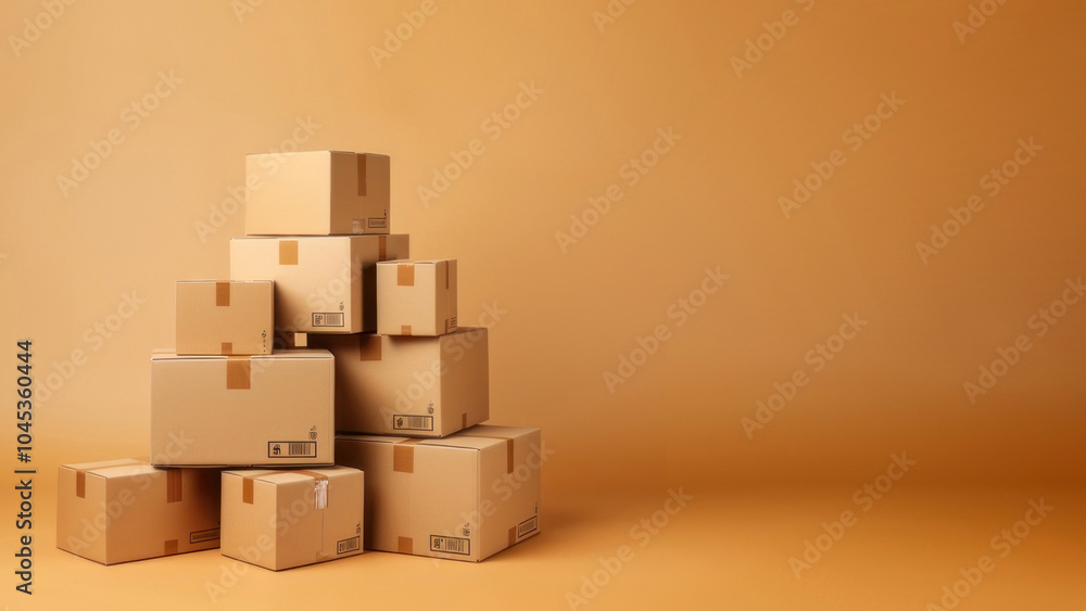 Photo of stacked moving boxes, isolated on beige background. Photo of stacked moving boxes, isolated on beige background.