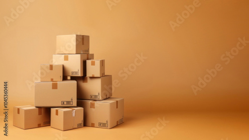 Photo of stacked moving boxes, isolated on beige background. photo