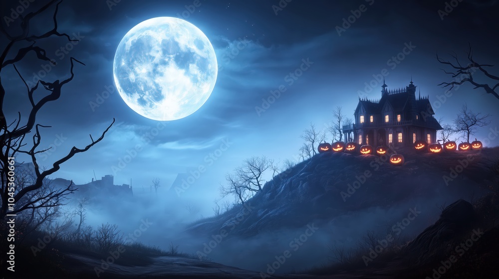 Haunted Mansion Under Full Moon with Halloween Jack-o-Lanterns Haunted Mansion Under Full Moon with Halloween Jack-o-Lanterns