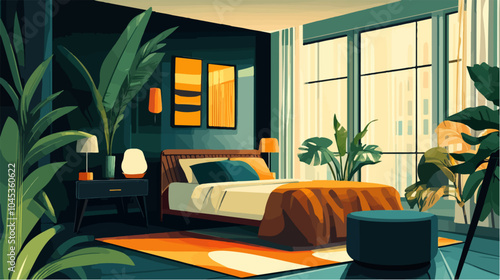 Illustration of bedroom interior. Cozy modern bedroom.