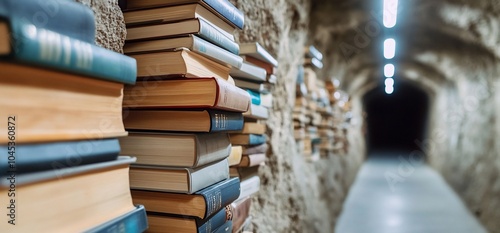 A dimly lit tunnel lined with stacked books on one side. photo