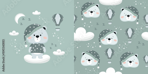 A beautiful background for decorating a children's room and a seamless pattern with a cute teddy bear, balloon, clouds. Vector design for baby bedding, fabric, wallpaper, wrapping paper and more.