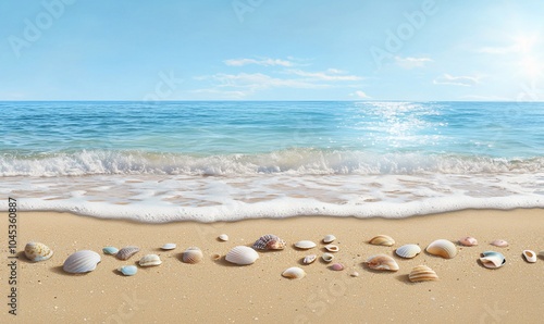 A serene beach scene with seashells on golden sand and gentle waves.