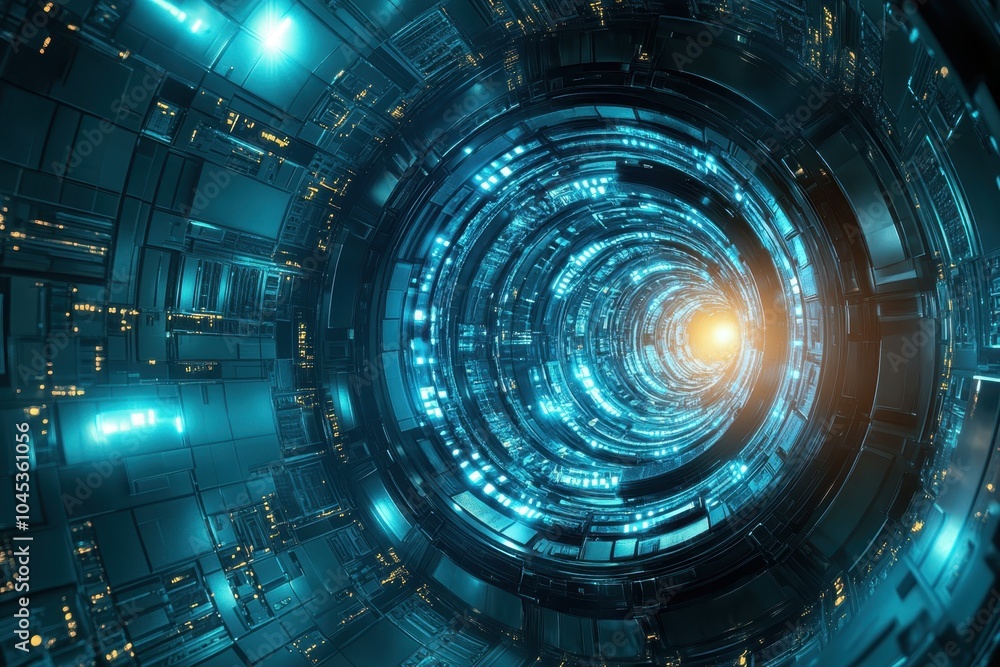 Exploring a futuristic tunnel with glowing lights and intricate technological details Exploring a futuristic tunnel with glowing lights and intricate technological details