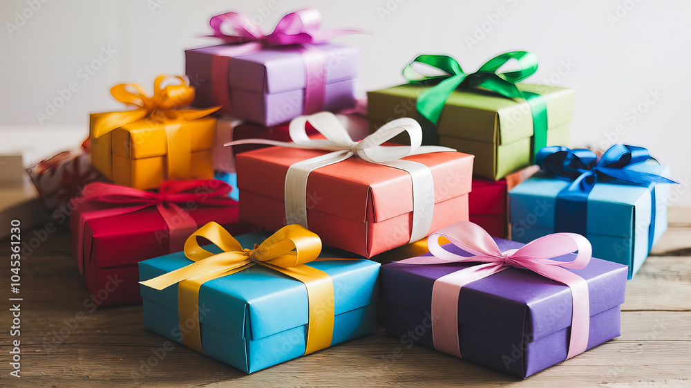 A closeup shot of a group of colorful gift boxes tied with ribbons of various colors on a wooden surface. The boxes are arranged in a pyramid shape and are all wrapped in different colors A closeup shot of a group of colorful gift boxes tied with ribbons of various colors on a wooden surface. The boxes are arranged in a pyramid shape and are all wrapped in different colors