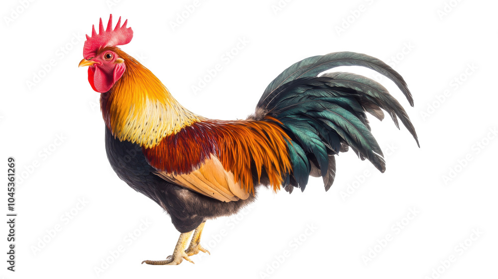 Fototapeta premium A vibrant rooster with striking plumage displaying its colorful feathers against a neutral background.