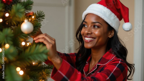 A young happy afro american woman in a Christmas cap and plaid pajamas decorating a Christmas tree at home. Concept of festive mood and Christmas atmosphere