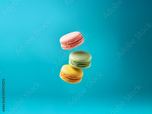 Three colorful macarons, pink, green, and yellow, are floating against a vibrant blue background.