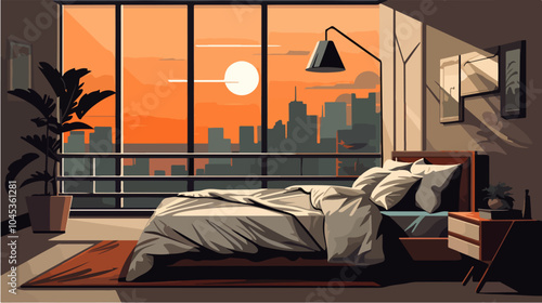 Illustration of bedroom interior. Cozy modern bedroom.