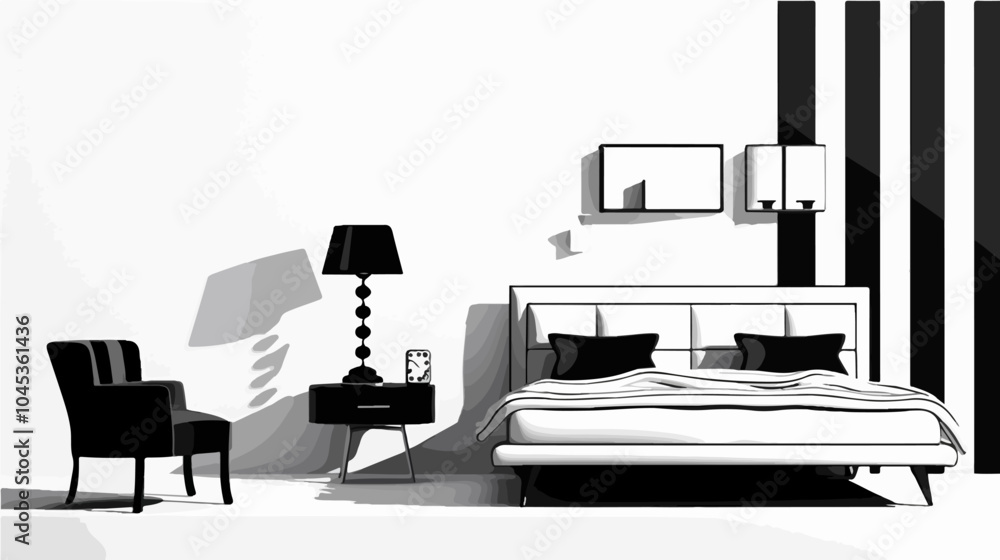 Black and white illustration of bedroom interior. Cozy modern bedroom. Black and white illustration of bedroom interior. Cozy modern bedroom.
