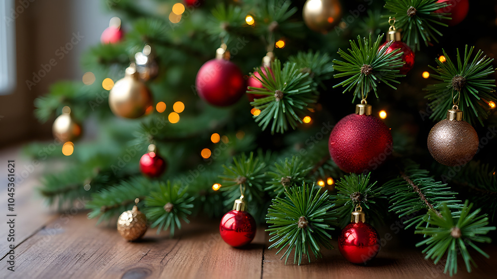 Decorations adorn Christmas tree branches on a wooden table nearby always. Decorations adorn Christmas tree branches on a wooden table nearby always.