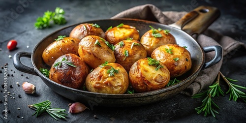 Close-Up Baked potatoes in a cast iron skillet on dark background