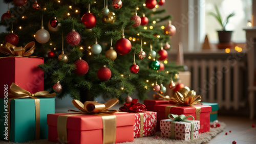 Decorated Christmas tree holds a colorful assortment of gifts and ornaments for festive family gatherings and holiday celebrations.