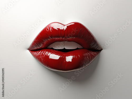 An image of red lips blowing a kiss in the air on a white background