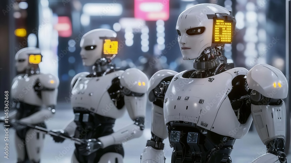 Robots patrolling the streets of a cyberpunk city, neon signs reflecting off their metallic bodies Robots patrolling the streets of a cyberpunk city, neon signs reflecting off their metallic bodies