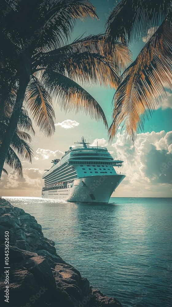 Obraz premium Tropical Cruise Ship Departing from Scenic Port