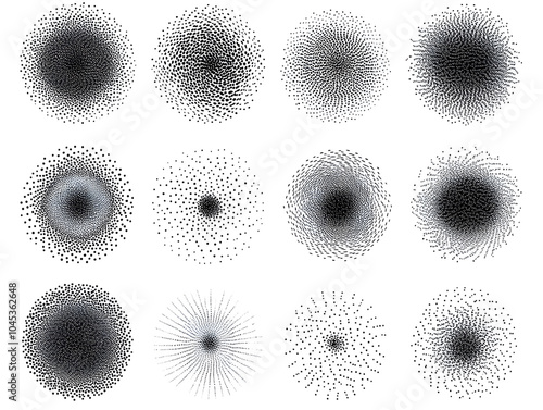 Abstract set of black stipple spray circle, dotted monochrome elements isolated on white background. Dissolving points, noise gradient
