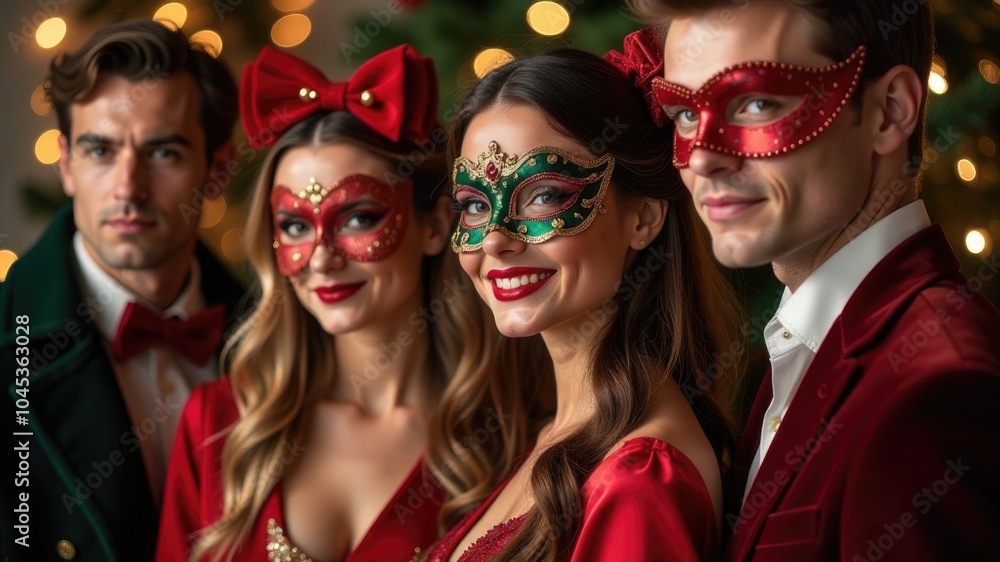 A group of beautiful people in elegant refined outfits and masks at Christmas carnival. Concept of festive mood and Christmas atmosphere A group of beautiful people in elegant refined outfits and masks at Christmas carnival. Concept of festive mood and Christmas atmosphere