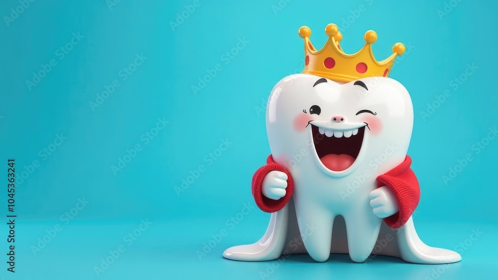 A cartoon king tooth, wearing a crown and cape, is winking and smiling on a blue background. Concept of healthy teeth. A cartoon king tooth, wearing a crown and cape, is winking and smiling on a blue background. Concept of healthy teeth.