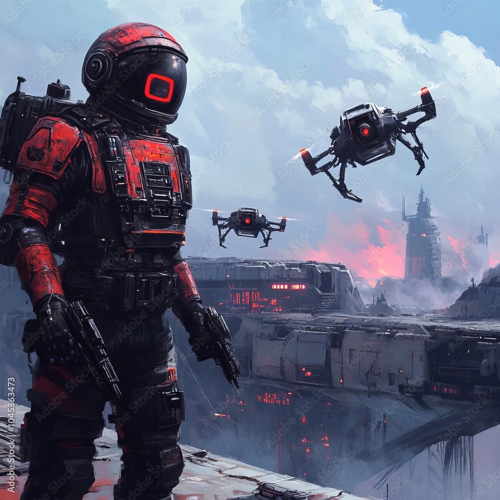 Space pirates fighting robotic security drones on a derelict space station Space pirates fighting robotic security drones on a derelict space station