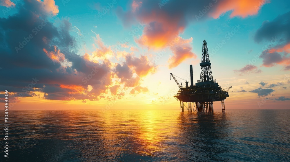 Dramatic Sunset Over Oil Platform Silhouette Dramatic Sunset Over Oil Platform Silhouette