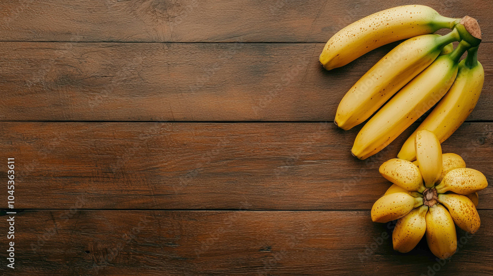 A cluster of ripe yellow bananas rests on a rustic wooden surface, showcasing their vibrant color and natural beauty. A cluster of ripe yellow bananas rests on a rustic wooden surface, showcasing their vibrant color and natural beauty.
