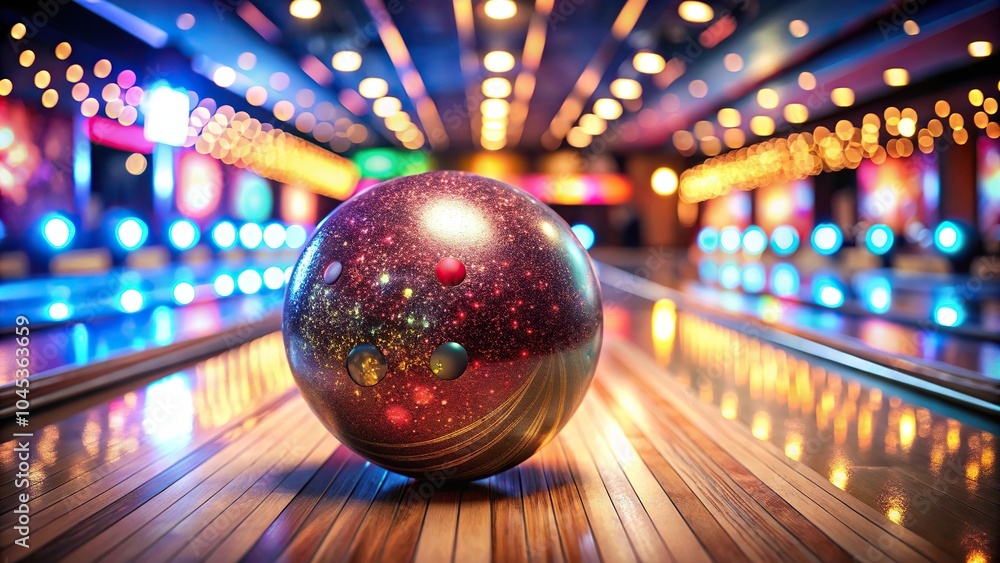 Close-Up Bowling ball with sparkly surface in bowling alley with warm blurry lights at night Retro vibes Close-Up Bowling ball with sparkly surface in bowling alley with warm blurry lights at night Retro vibes