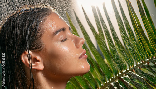 Junge Frau unter einer Regendusche