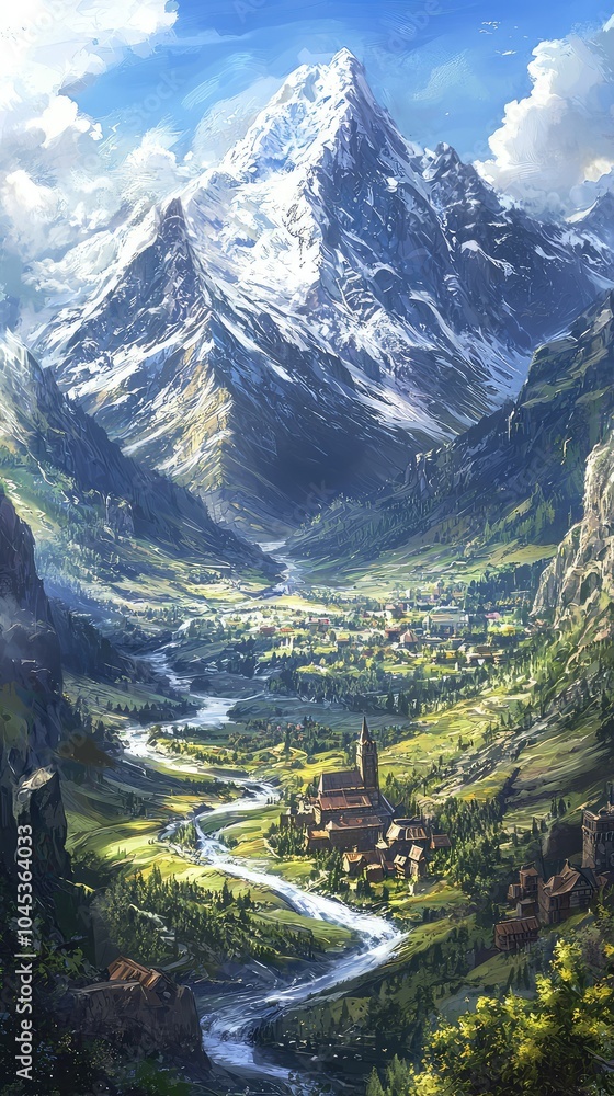 Majestic Mountain Landscape in Fantasy World Majestic Mountain Landscape in Fantasy World